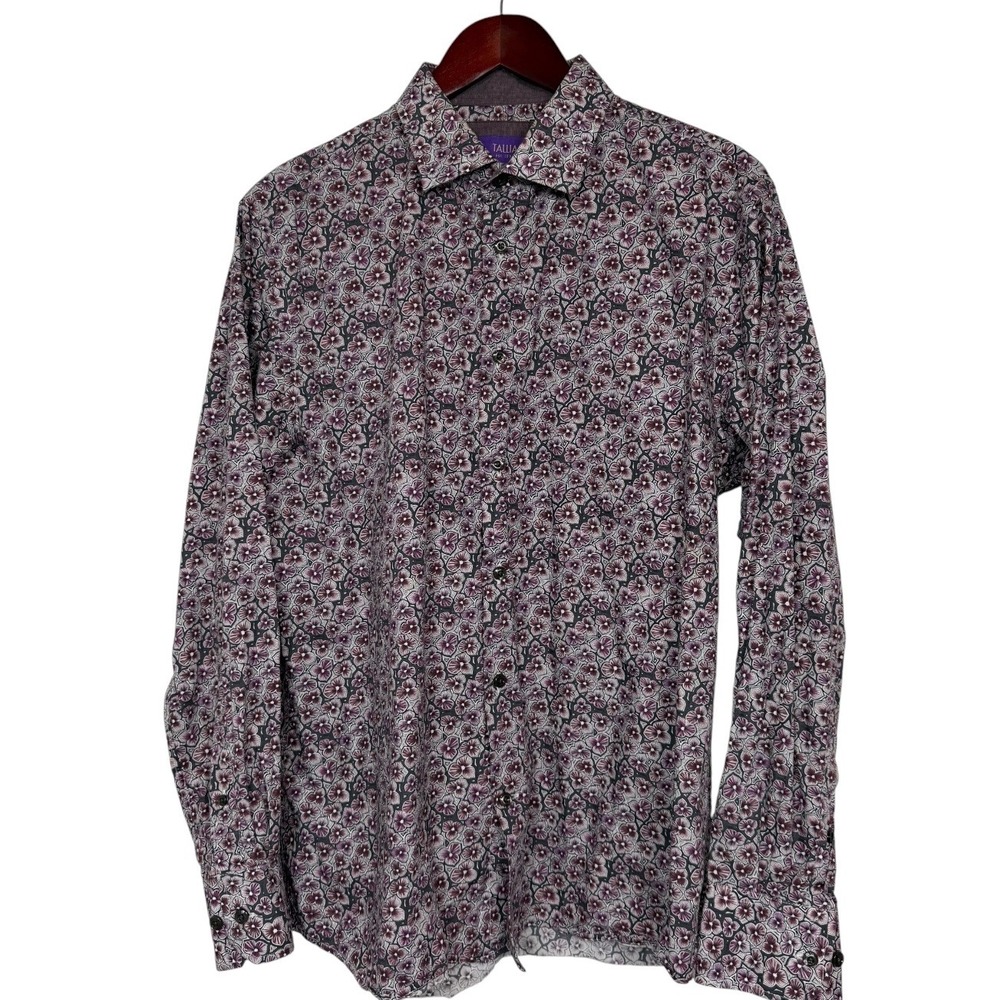 Tallia Mens Floral Button Down Shirt Purple Grey Long Sleeve Size L 16.5